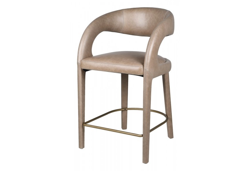 Luxusná art deco moderná kožená béžovo hnedá oblá barová stolička Jasmer s kovovou staro zlatou opierkou na nohy 98 cm