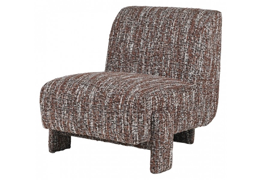 Luxusné bouclé retro kreslo Rebor s čalúnením s poťahom s textúrou v hnedo bielej farbe s tromi nohami bez bočných opierok