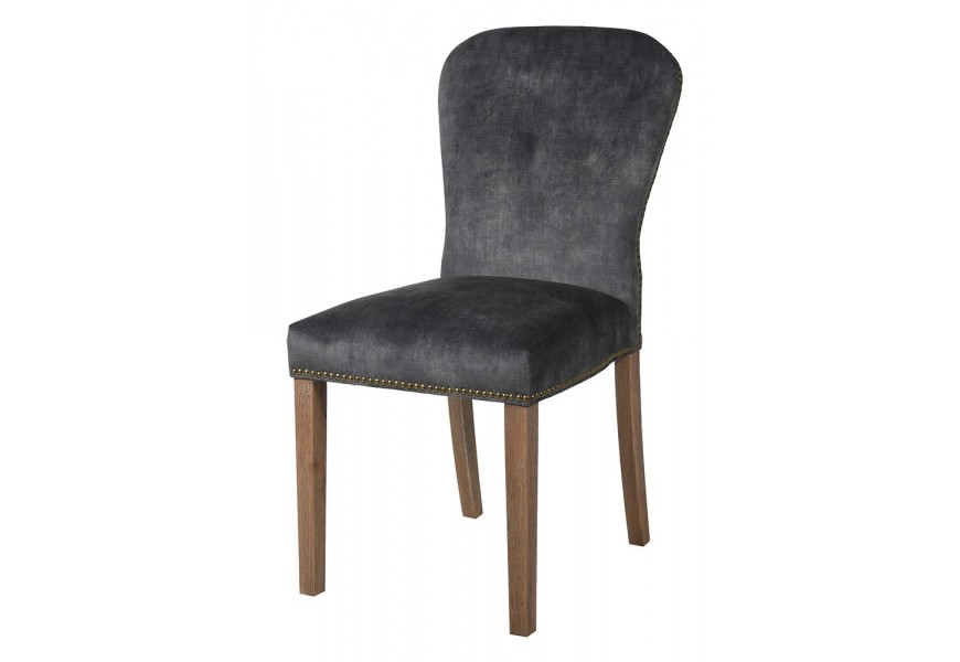 Štýlová klasická koloniálna jedálenská stolička Zorana s nožičkami v hranatom tvare v hnedej farbe z masívneho dubového dreva s poťahom v sivej farbe so zamatu s nitmi