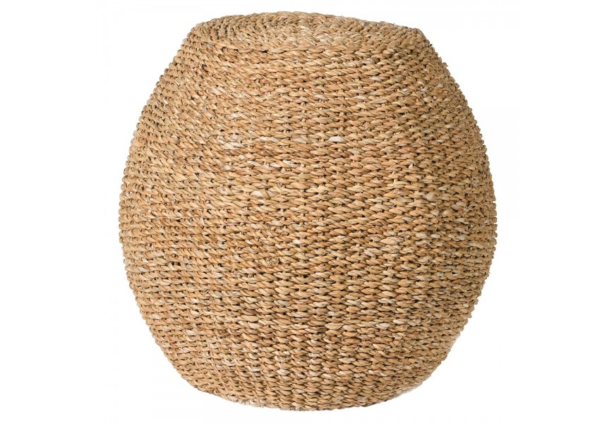 Štýlová etno taburetka Judit s výpletom z morskej trávy v okrúhlom pôdorysnom tvare vajíčka v hnedej farbe