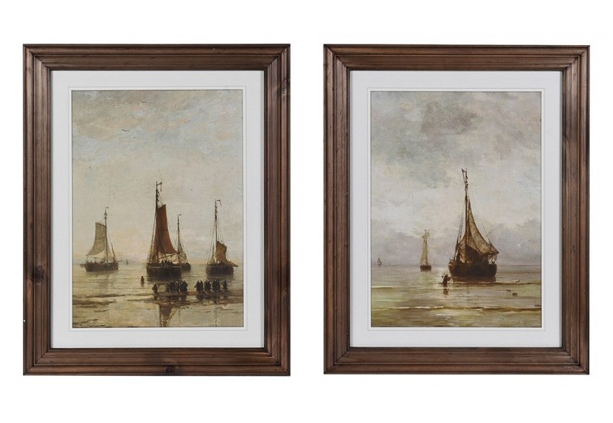 Štýlová sada dvoch nástenných obrazov Lencan v obĺžnikovom tvare s masívnym vyrezávaným rámom v hnedej farbe s motívom lodí