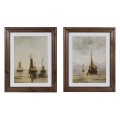 Štýlová sada dvoch nástenných obrazov Lencan v obĺžnikovom tvare s masívnym vyrezávaným rámom v hnedej farbe s motívom lodí