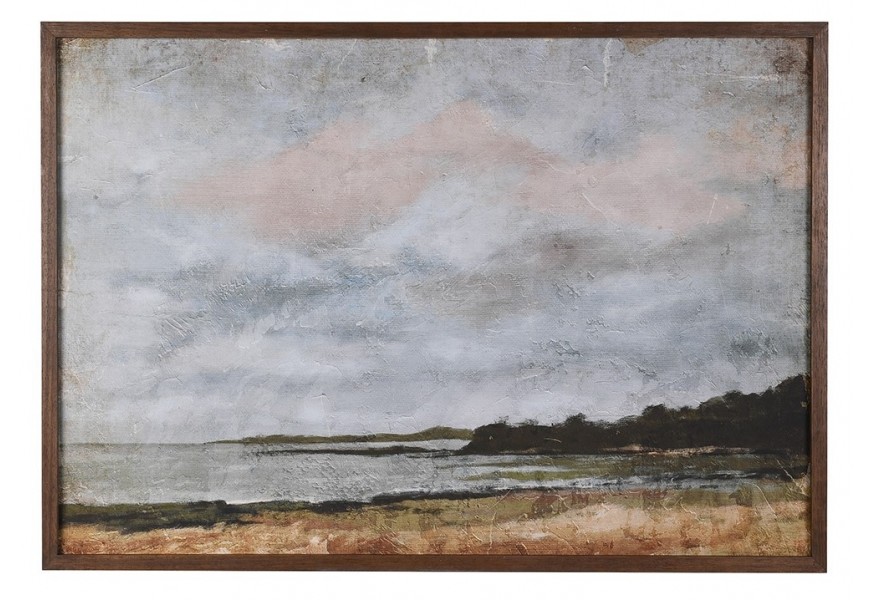 Štýlový vidiecky nástenný obraz Hemina v obdĺžnikovom tvare s dreveným hnedým vyrezávaným rámom s prírodným motívom 100 cm