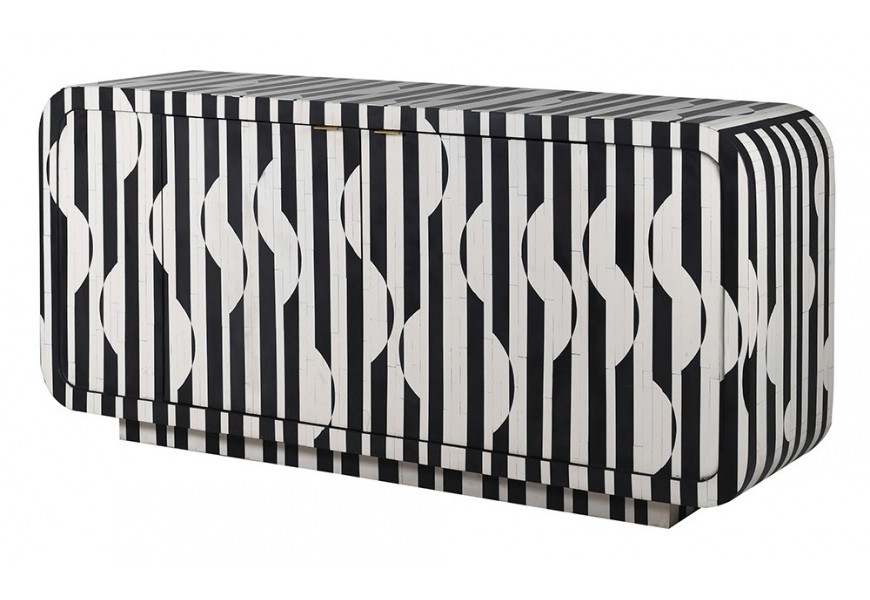 Luxusný art deco dvojdverový príborník Lancelot so zaoblenými rohmi so vzorovaním v čierno bielej farbe s policou a obdĺžnikovou podstavou