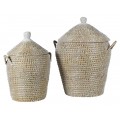 Etno sada Mistic dvoch uzatvárateľných košov z morskej trávy s bielou niťou v hnedej farbe s úchytkami a kupolovitým viečkom