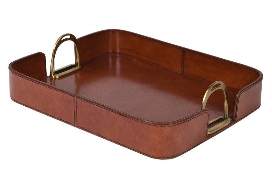 Art deco obdĺžnikový kožený podnos Marquess v hnedom odtieni so zlatými kovovými úchytkami 41 cm