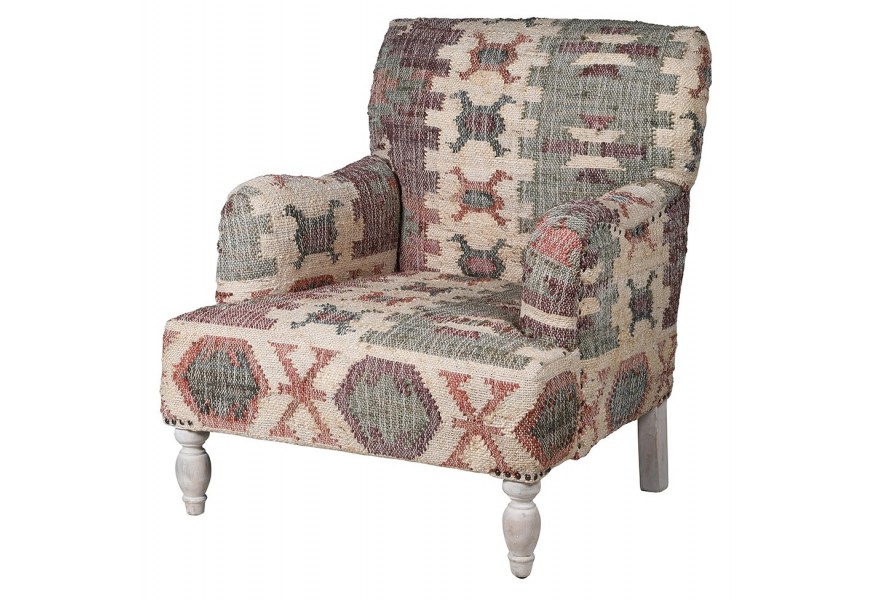 Vintage kreslo Korian s opierkami na ruky a poťahom v pieskovej vínovej olivovej a tlmenozelenej farbe so sústruženými bielenými prednými nožičkami