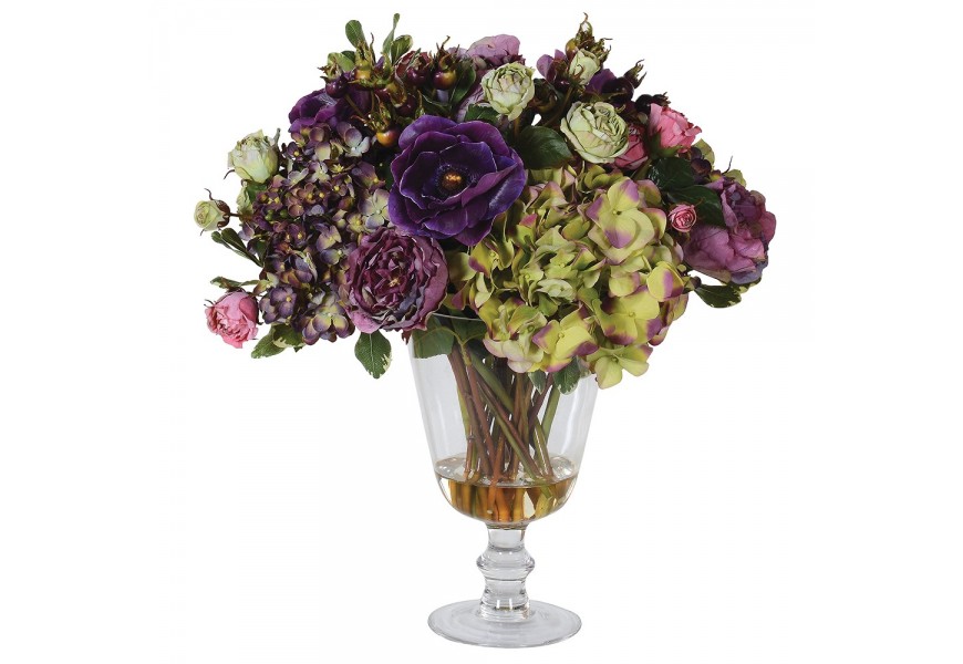 Luxusná moderná okrúhla sklenená váza Amelia s viacfarebnou dekoratívnou kyticou umelých kvetov so zúženou nohou s okrúhlou podstavou