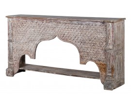 Luxusný etno obdĺžnikový konzolový stolík Valensole s poličkou z hnedého dreva s reliéfom s výraznou patinou 181 cm