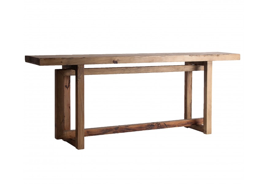 Luxusný koloniálny konzolový stolík Kairo z obdĺžnikovou vrchnou doskou z masívneho hnedého dreva so zachovanou prirodzenou štruktúrou s geometrickou podstavou