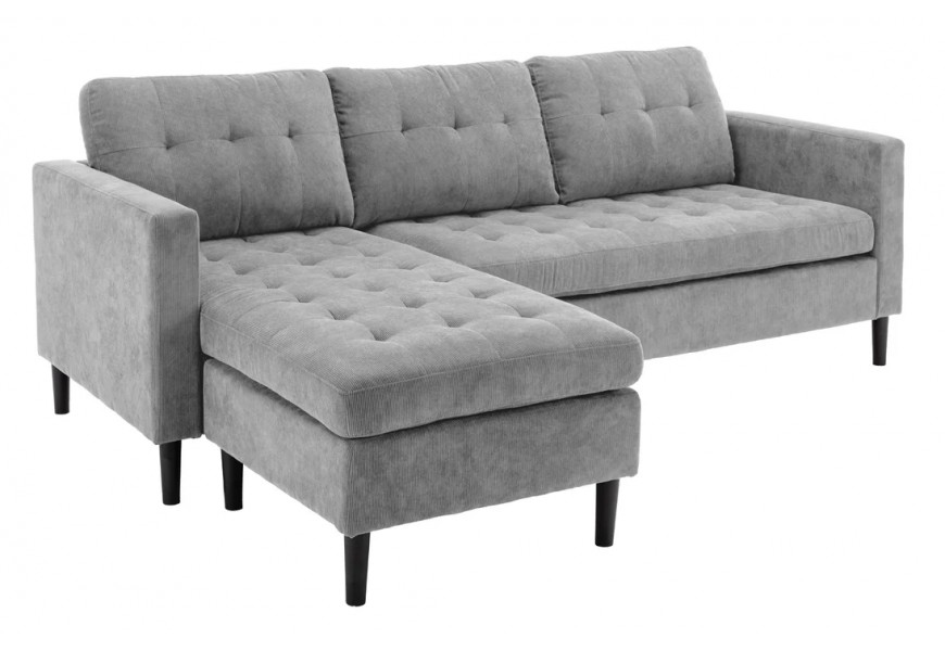 Moderná trojmiestna univerzálna rohová sedačka Sallen v obdĺžnikovom tvare s poťahom z mikrovlákna v sivej farbe s vrúbkovaním a výrazným prešívaním v štvorcovom tvare s vysokými nožičkami v čiernej farbe