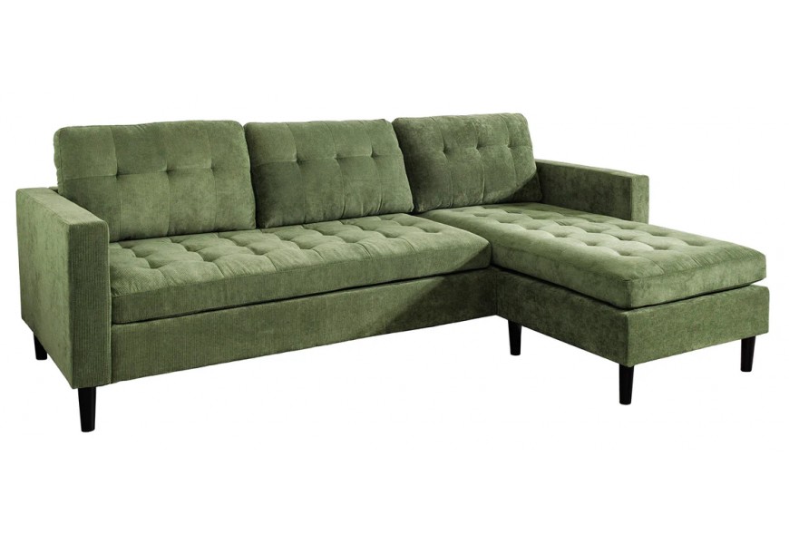 Moderná trojmiestna univerzálna rohová sedačka Sallen v zelenej farbe s menčestrovým dizajnom z mikrovlákna a prešívaným poťahom v štvorcovom tvare s vysokými nožičkami v čiernej farbe