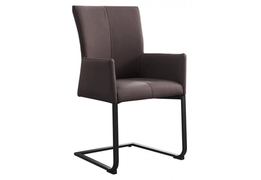 Dizajnová kožená industriálna konzolová stolička Samson s hnedo sivým prešívaným poťahom a kovovou čiernou nohou 95 cm