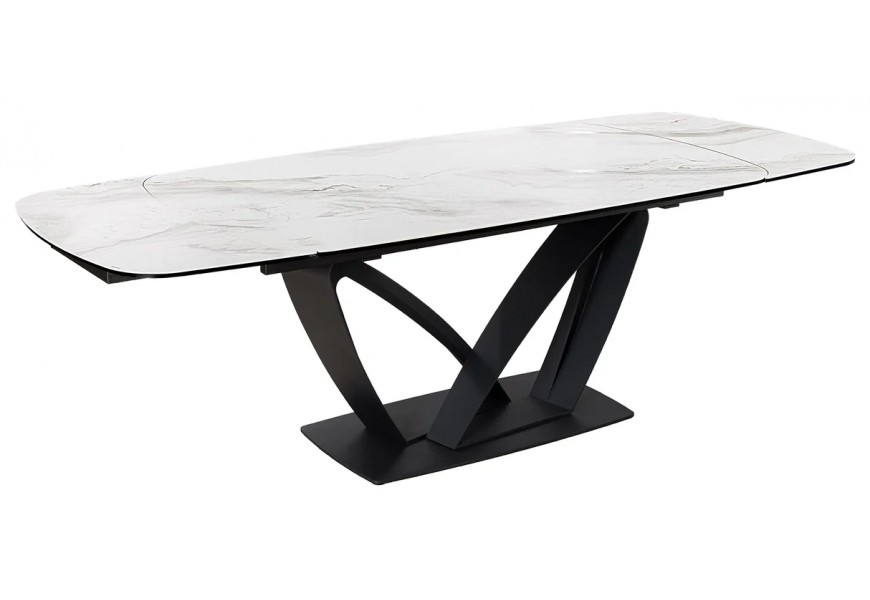 Luxusný mramorový rozkladací obdĺžnikový jedálenský stôl Hoal v bielej farbe s kovovými čiernymi atypickými nožičkami 260 cm 