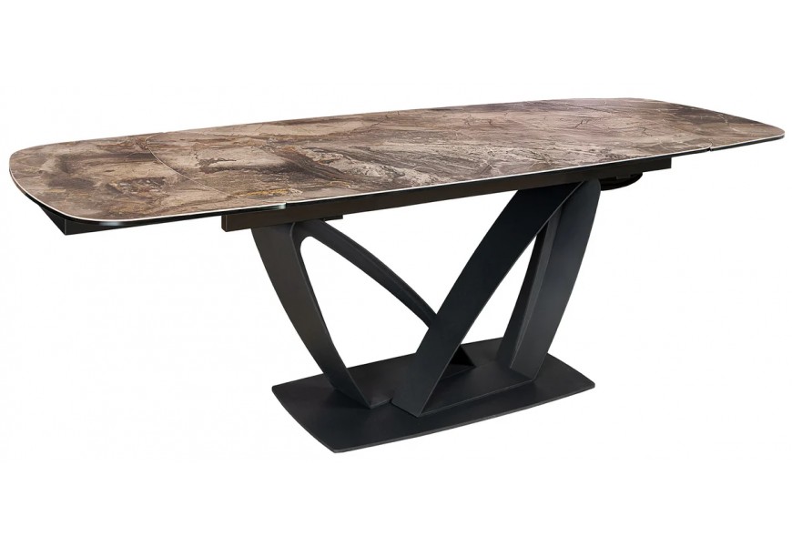 Luxusný rozkladací obdĺžnikový mramorový jedálenský stôl Hoal z keramickou hnedou doskou a čiernymi kovovými nožičkami 260 cm