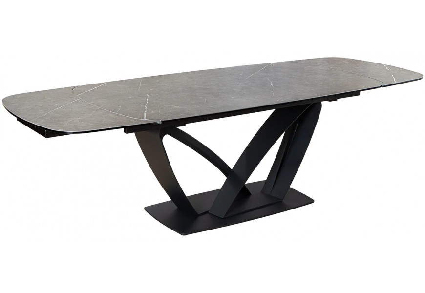 Luxusný rozkladací dizajnový jedálenský stôl Hoal s oblými rohmi a vrchnou doskou z keramiky a tvrdeného skla s mramorovým efektom a atypickými nožičkami z kovu v čiernej farbe