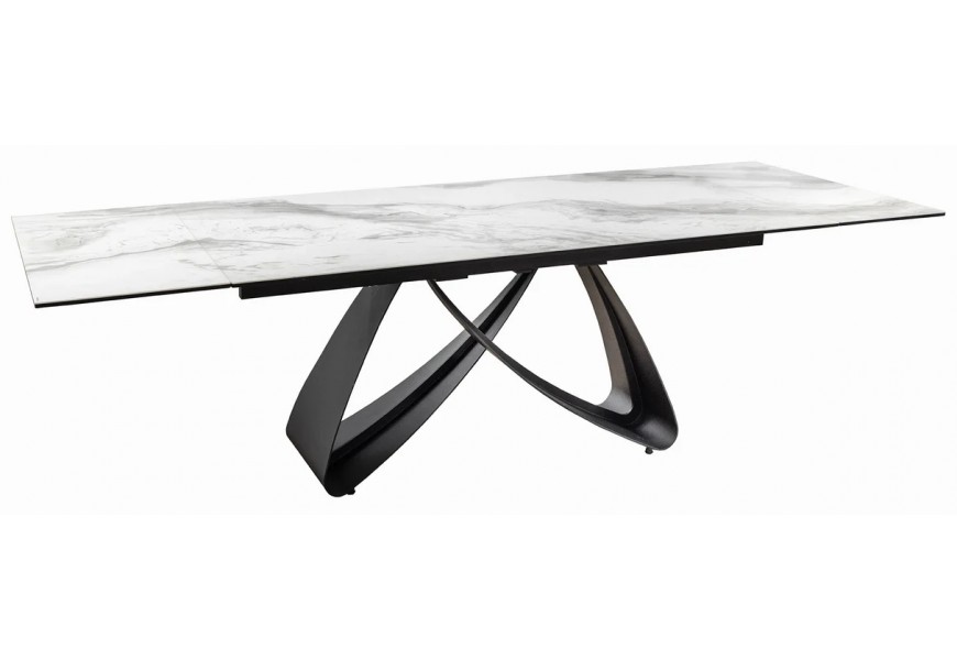 Luxusný rozkladací mramorový jedálenský stôl Hoal v bielej farbe so sivými žilkami a čiernymi kovovými nožičkami 260 cm