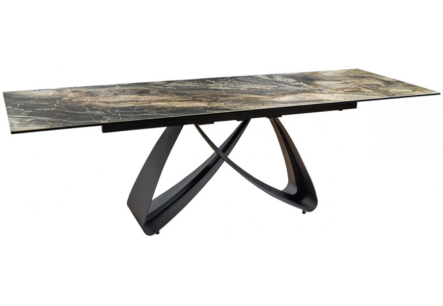 Luxusný dizajnový mramorový rozkladací jedálenský stôl Hoal v obdĺžnikovom tvare v taupé farbe v hnedo zelenom odtieni z keramiky a tvrdeného skla s atypickými nožičkami z kovu v čiernej farbe