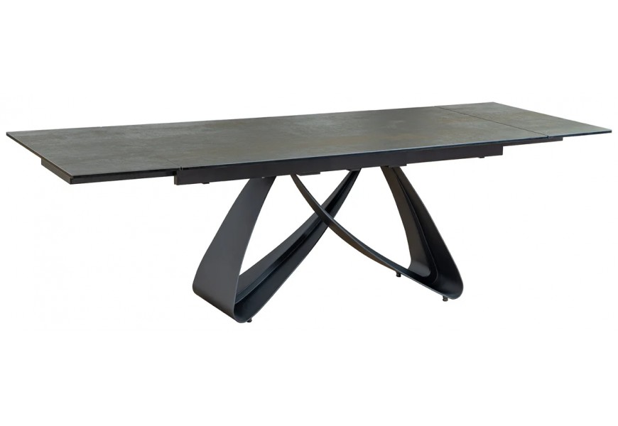 Luxusný moderný rozkladací jedálenský stôl Hoal s patinou v obdĺžnikovom tvare s vrchnou doskou v hnedo čiernej farbe s mramorovým efektom z keramiky a tvrdeného skla s nožičkami z kovu v čiernej farbe