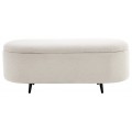 Dizajnová oválna lavica s úložným priestorom, čalúnená krémovou bouclé látkou s jemnou textúrou, doplnená čiernymi kovovými nožičkami, ideálna do moderných, škandinávskych alebo glamour interiérov