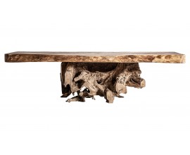 Luxusný etno masívny obdĺžnikový konferenčný stolík Halis zo suarového dreva v hnedej farbe s atypickou prírodnou nohou 200 cm