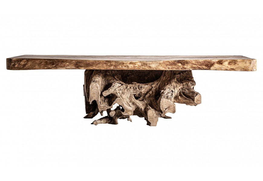 Luxusný etno konferenčný stolík Halis z masívneho suarového dreva v obdĺžnikovom tvare v hnedej farbe s výraznou štruktúrou letokruhov s atypickou nohou v prírodnom tvare