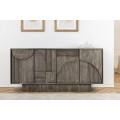 Dizajnový sivý art deco obdĺžnikový príborník Sonia z mangového dreva so štyrmi dvierkami s geometrickým reliéfom 170 cm