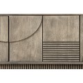 Dizajnový art deco obdĺžnikový TV stolík Sonia zo sivého mangového dreva so štyrmi dvierkami s geometrickým reliéfom 200 cm