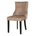Zámocká jedálenská stolička Modern Barrock s béžovým zamatovým čalúnením s chesterfield prešívaním a zdobením zlatými nitmi s čiernymi drevenými nožičkami a chrómovým levím klopadlom na zadnej strane