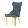 Glamour čalúnená prešívaná zamatová modrá jedálenská stolička Modern Barock so zlatými kovovými nožičkami a klopkadlom 98 cm