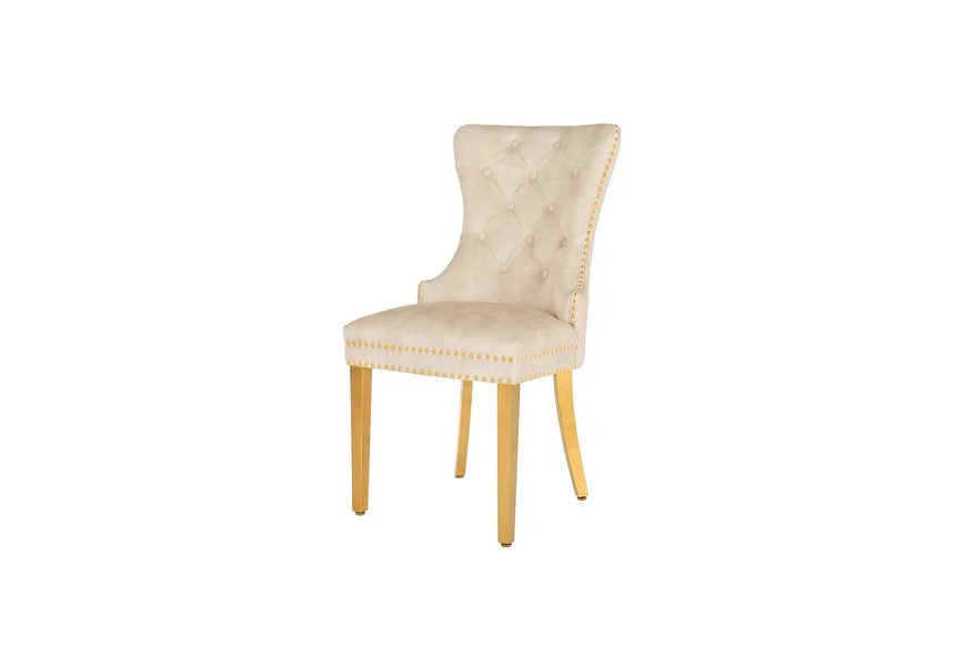 Klasická glamour čalúnená jedálenská stolička Modern Barock s prešívaním v krémovo béžovej farbe s poťahom so zamatovým leskom s nitmi klopkadlom a nožičkami v zlatej farbe z kovu