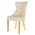 Klasická glamour čalúnená jedálenská stolička Modern Barock s prešívaním v krémovo béžovej farbe s poťahom so zamatovým leskom s nitmi klopkadlom a nožičkami v zlatej farbe z kovu