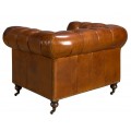 Luxusné chesterfield kreslo Hastings s poťahom z pravej kože v koňakovom hnedom odtieni s dizajnovými kolieskami 120 cm
