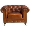 Luxusné chesterfield kreslo Hastings s poťahom z pravej kože v koňakovom hnedom odtieni s dizajnovými kolieskami 120 cm