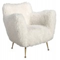 Luxusné glamour čalúnené biele kreslo Puglia s poťahom z umelej kožušiny s dlhým vlasom v bielej farbe a so štíhlymi nožičkami z kovu v lesklom zlatom prevedení