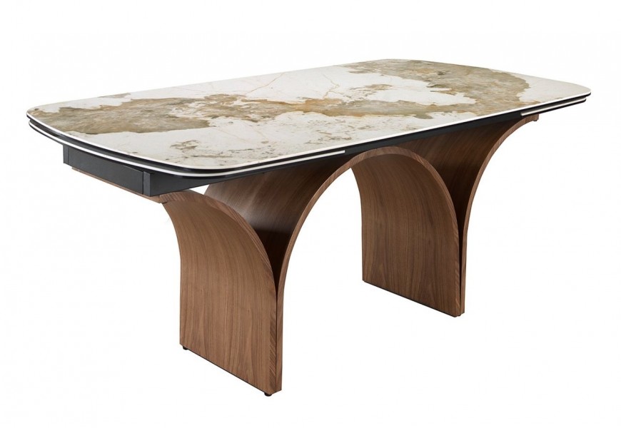 Luxusný moderný mramorový jedálenský stôl Vita Naturale s kovovou podstavou v orechovej hnedej farbe s dizajnom oblúkov a obdĺžnikovou rozkladacou porcelánovou vrchnou doskou v bielej farbe s hnedým mramorovým žilkovaním