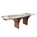 Luxusný obdĺžnikový rozkladací jedálenský stôl Vita Naturale s hnedou dizajnovou podstavou a bielou mramorovou doskou 260 cm