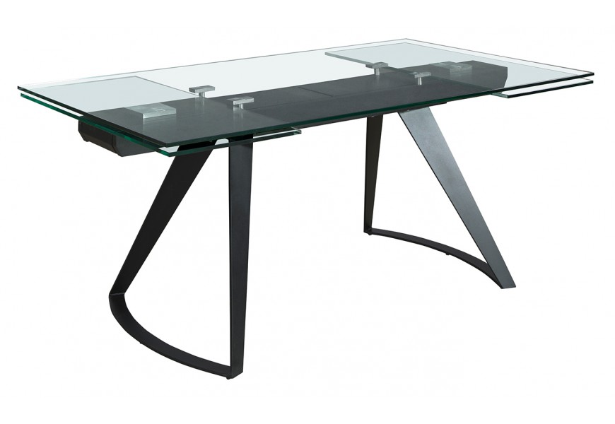 Luxusný moderný jedálenský stôl Urbano s obdĺžnikovou vrchnou doskou z priehľadného skla s rozkladacou funkciou s dvomi dizajnovými kovovými nohami v čiernej farbe s poloblúkovým pôdorysom