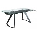 Luxusný moderný jedálenský stôl Urbano s obdĺžnikovou vrchnou doskou z priehľadného skla s rozkladacou funkciou s dvomi dizajnovými kovovými nohami v čiernej farbe s poloblúkovým pôdorysom