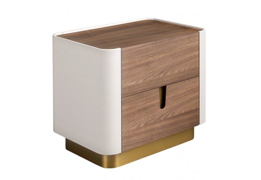 Luxusný moderný nočný stolík Forma Moderna z dreva v orechovom hnedom a béžovom lakovaní so zlatým kovovým detailom a podstavou s dvomi zásuvkami bez úchytiek