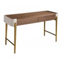 Luxusný moderný písací stôl Forma Moderna s dvomi zásuvkami v kombinácii béžovej a orechovej hnedej so zlatou podstavou 140 cm