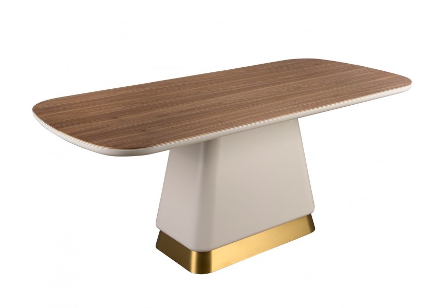 Luxusný art deco obdĺžnikový jedálenský stôl Forma Moderna s mohutnou béžovou nohou a orechovou hnedou drevenou doskou 200 cm