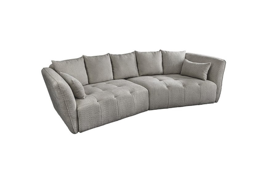 Luxusná päťmiestna veľká atypická sedačka Queen s bouclé sivým prešívaným poťahom so siedmimi vankúšmi 295 cm 