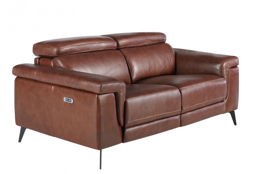 Luxusná moderná kožená trojmiestna sedačka Junas v hnedej farbe s čiernymi nožičkami s relaxačným elektrickým systémom 170 cm