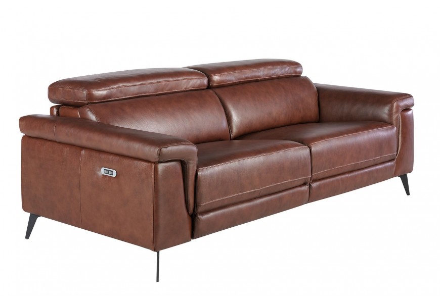 Luxusná trojmiestna moderná kožená masážna sedačka Junas v tmavej hnedej farbe v obdĺžnikovom tvare s čiernymi nožičkami 215 cm