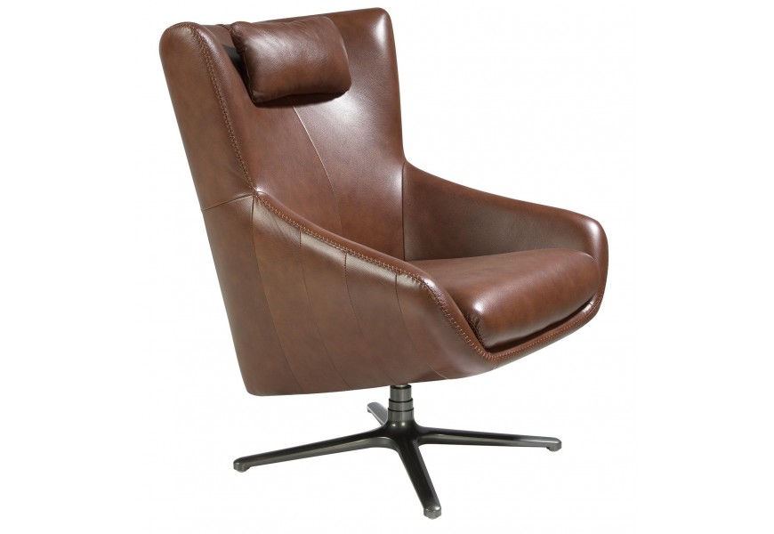 Luxusné pracovné kreslo Junas v modernom štýle s poťahom z pravej kože v hnedej farbe s nohou z nehrdzavejúcej ocele v čiernej farbe s otočnou funkciou