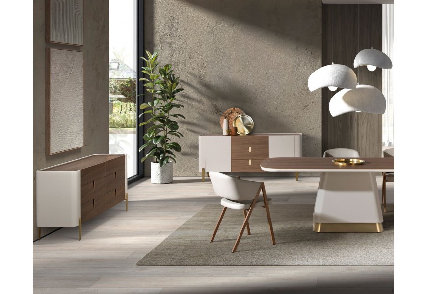 Luxusná moderná zostava nábytku do jedálne Forma Moderna s nádychom art deco štýlu v orechového dreva v hnedej farbe v kombinácii so svetlým béžovým lakovaním a lesklými kovovými detailmi
