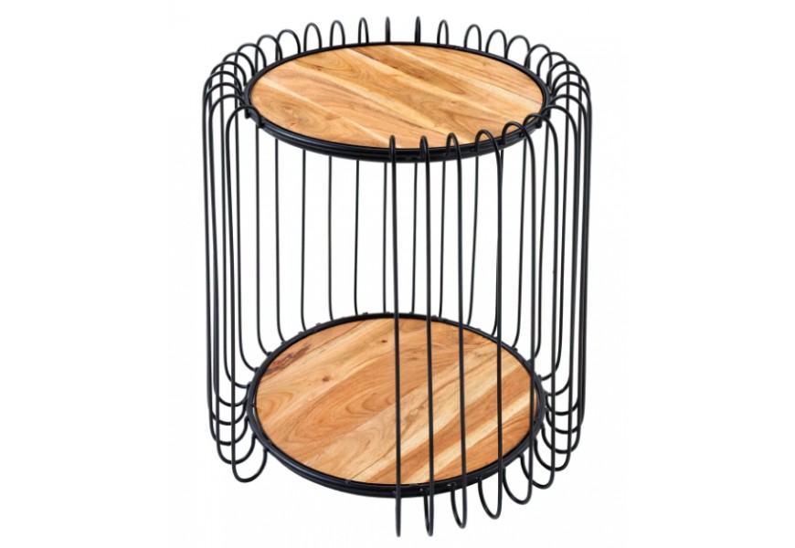 Dizajnový industrialny okrúhly masívny príručný stolík Ameras s hnedou doskou a atypickou čiernou kovovou konštrukciou 49 cm