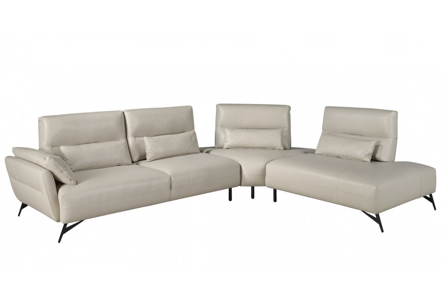 Luxusná kožená rohová sedačka Forma Moderna do pravého rohu s poťahom z pravej kože v pieskovej sivej farbe so štyrmi obdĺžnikovými vankúšmi s kovovými nožičkami v čiernej farbe