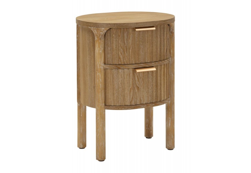 Štýlový art deco nočný stolík Meer v oválnom tvare s dvomi zásvukami so zlatými kovovými úchytkami s výraznou drážkovanou štruktúrou v hnedej farbe z masívneho dreva